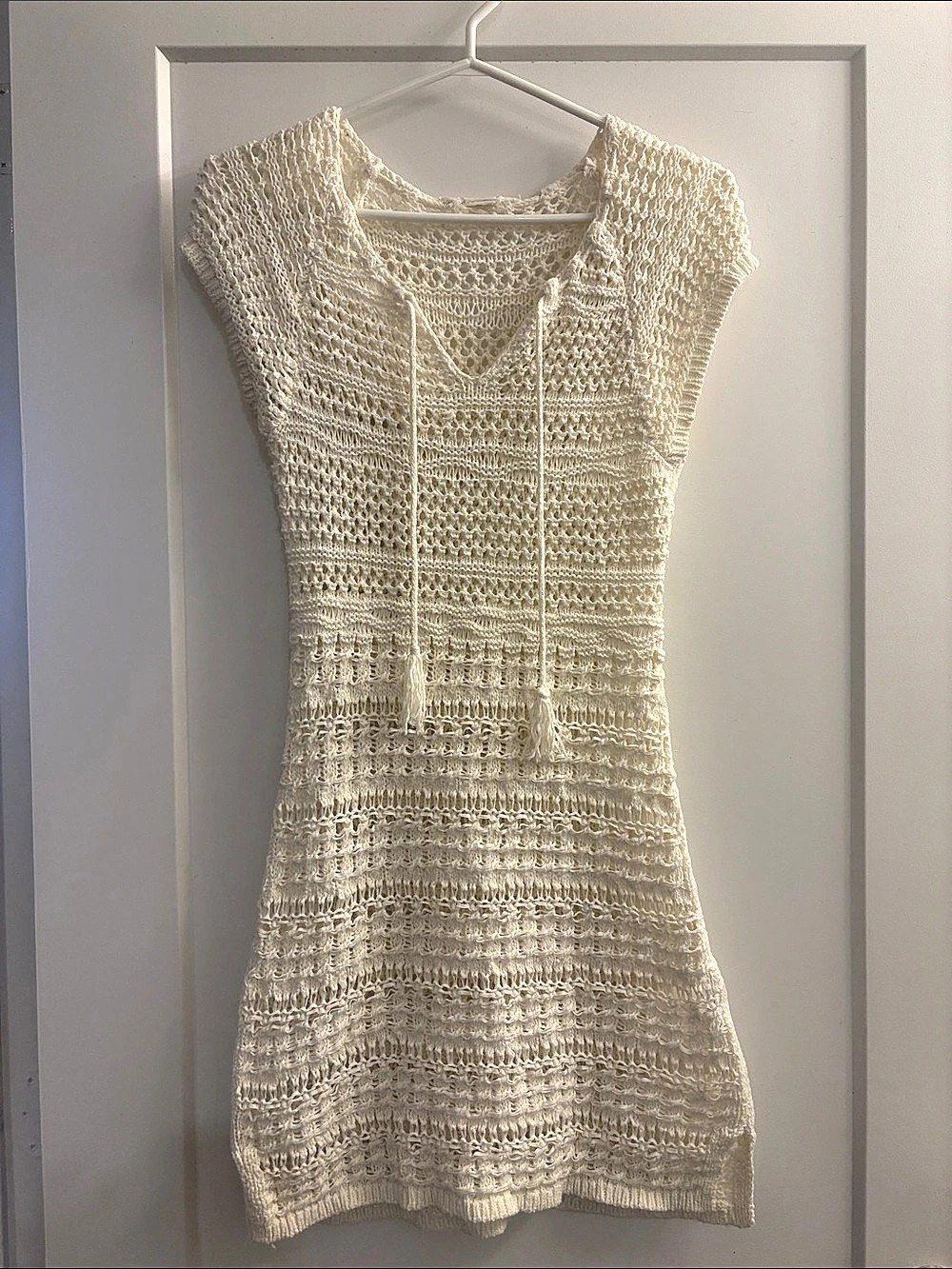 Cream Crochet Mini Dress- beach cover up